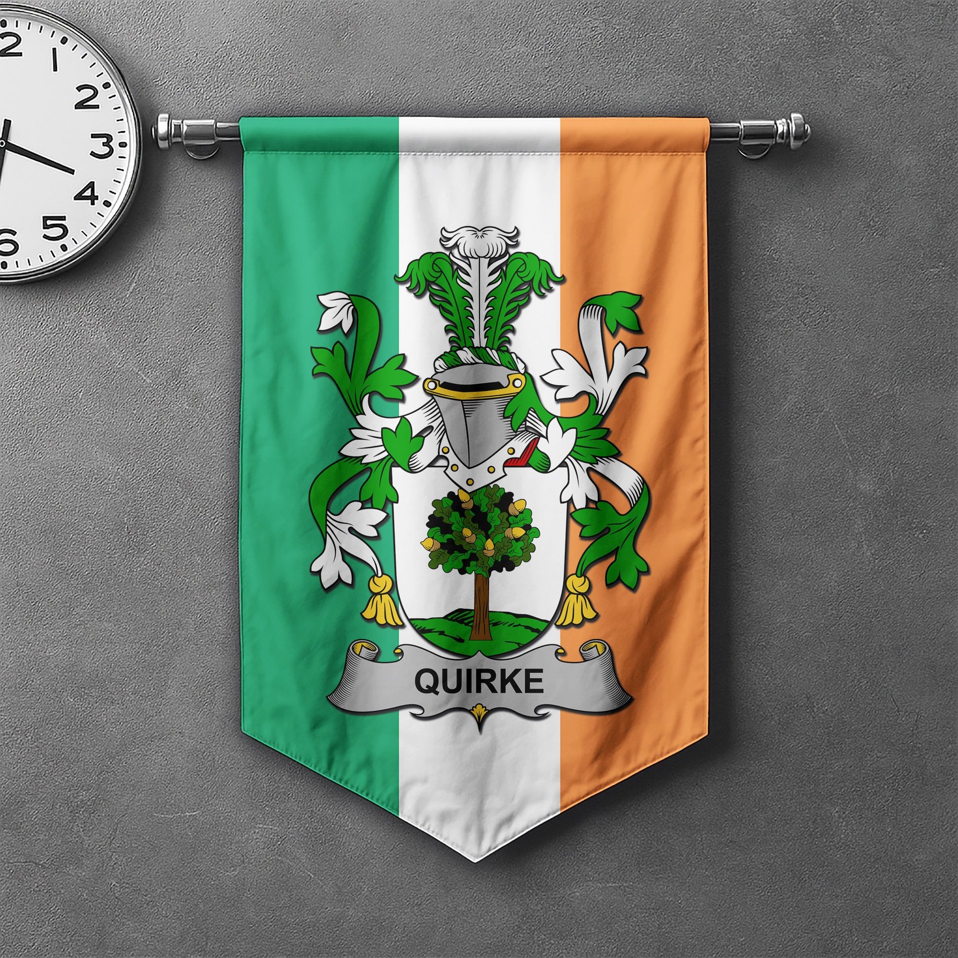 ScotsTee Shop Irish Quirke or O'Quirke Clan Coat of Arms Irish Tartan Gonfalon Flag