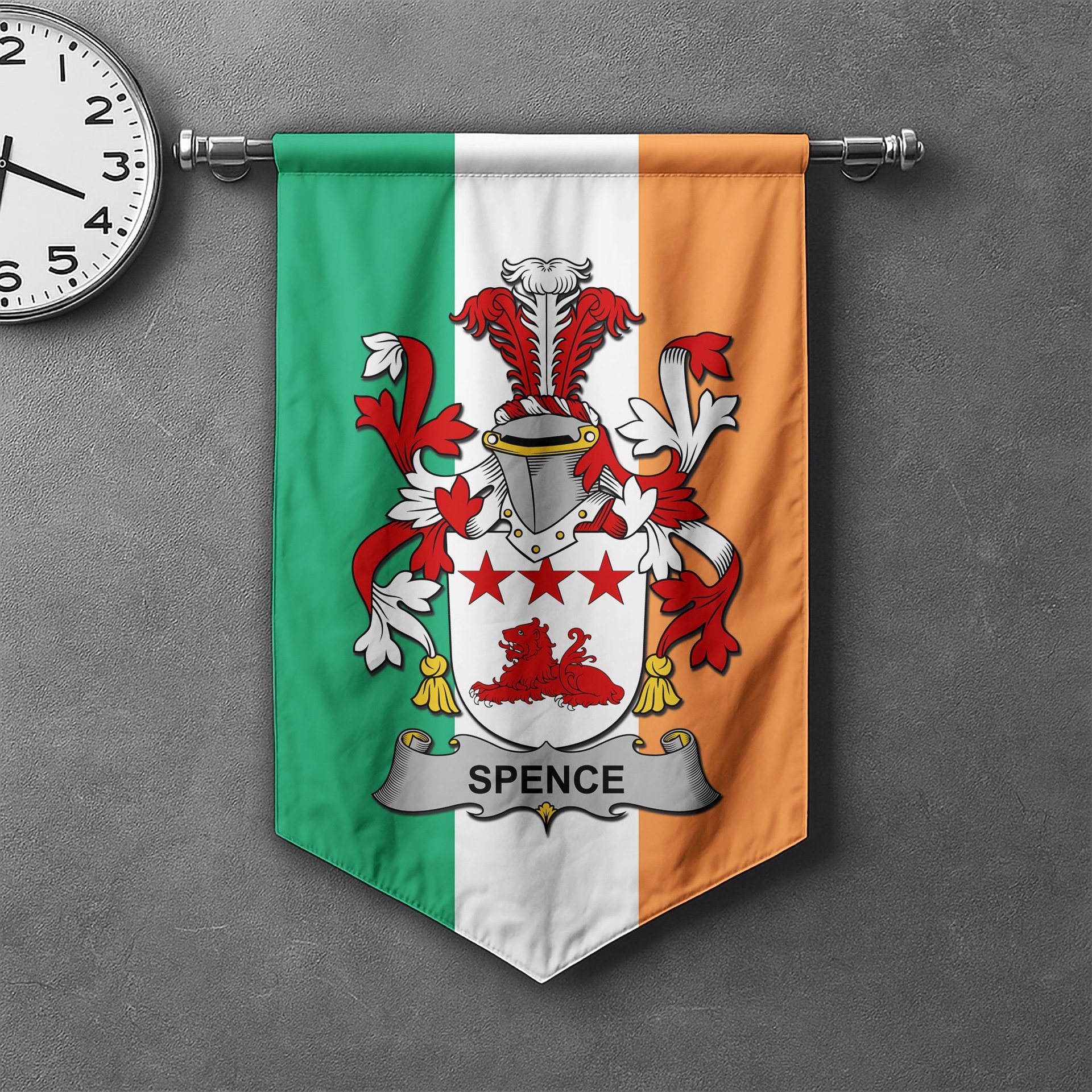 ScotsTee Shop Irish Spence Clan Coat of Arms Irish Tartan Gonfalon Flag