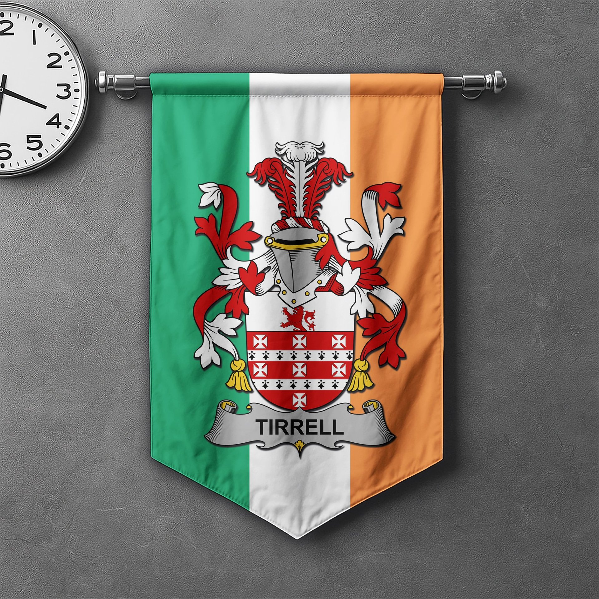ScotsTee Shop Irish Tirrell Clan Coat of Arms Irish Tartan Gonfalon Flag