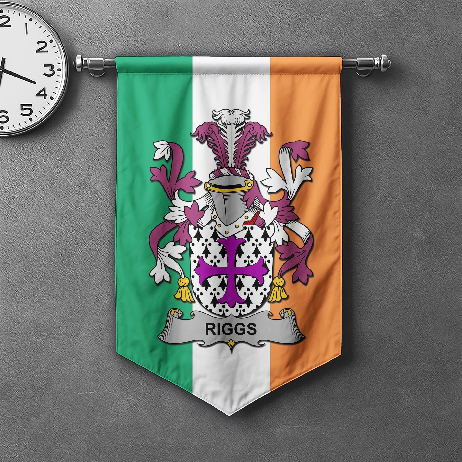 ScotsTee Shop Irish Riggs Clan Coat of Arms Irish Tartan Gonfalon Flag
