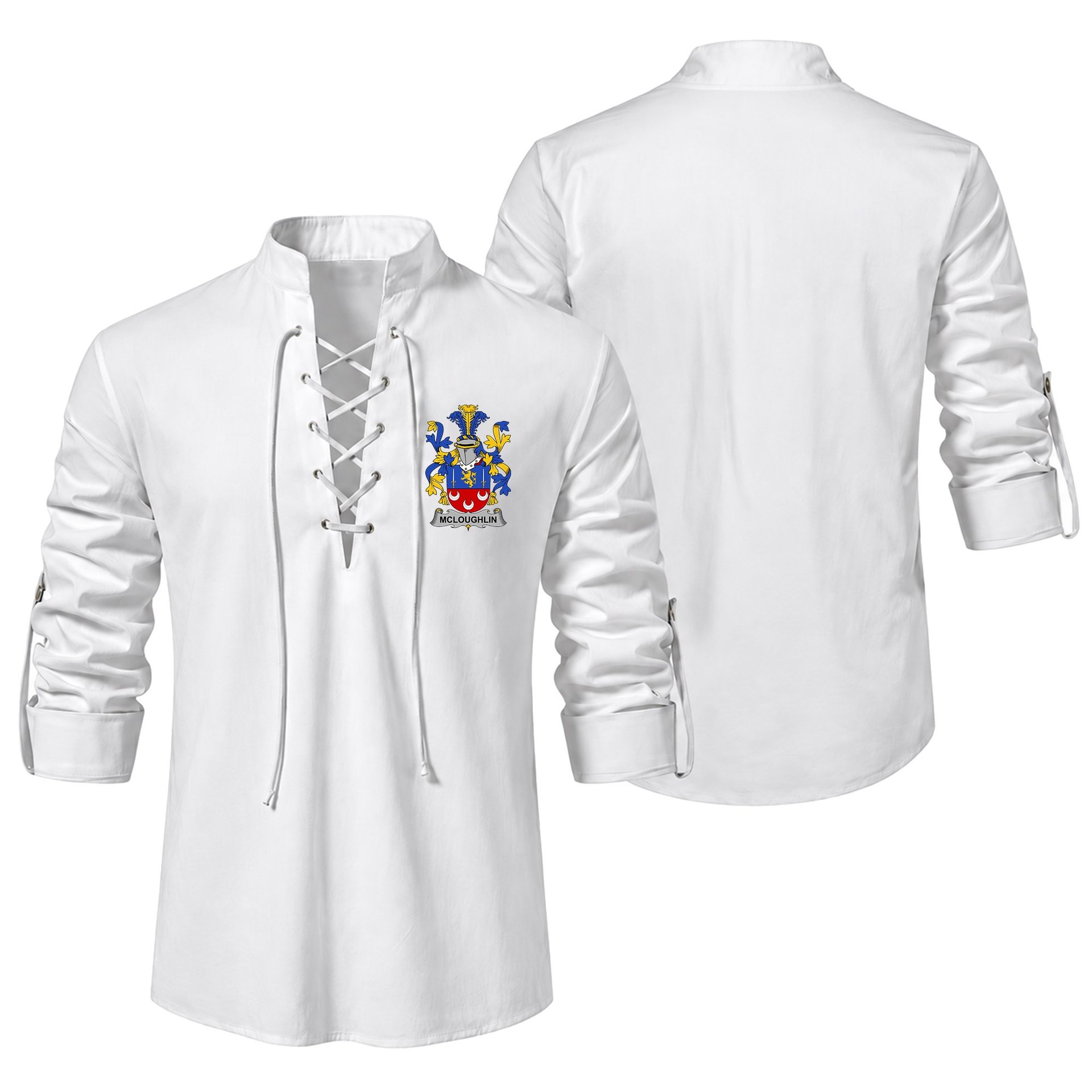 ScotsTee Shop Irish McLoughlin or Loughlin Clan Coat of Arms Irish Ghillie Kilt Shirt