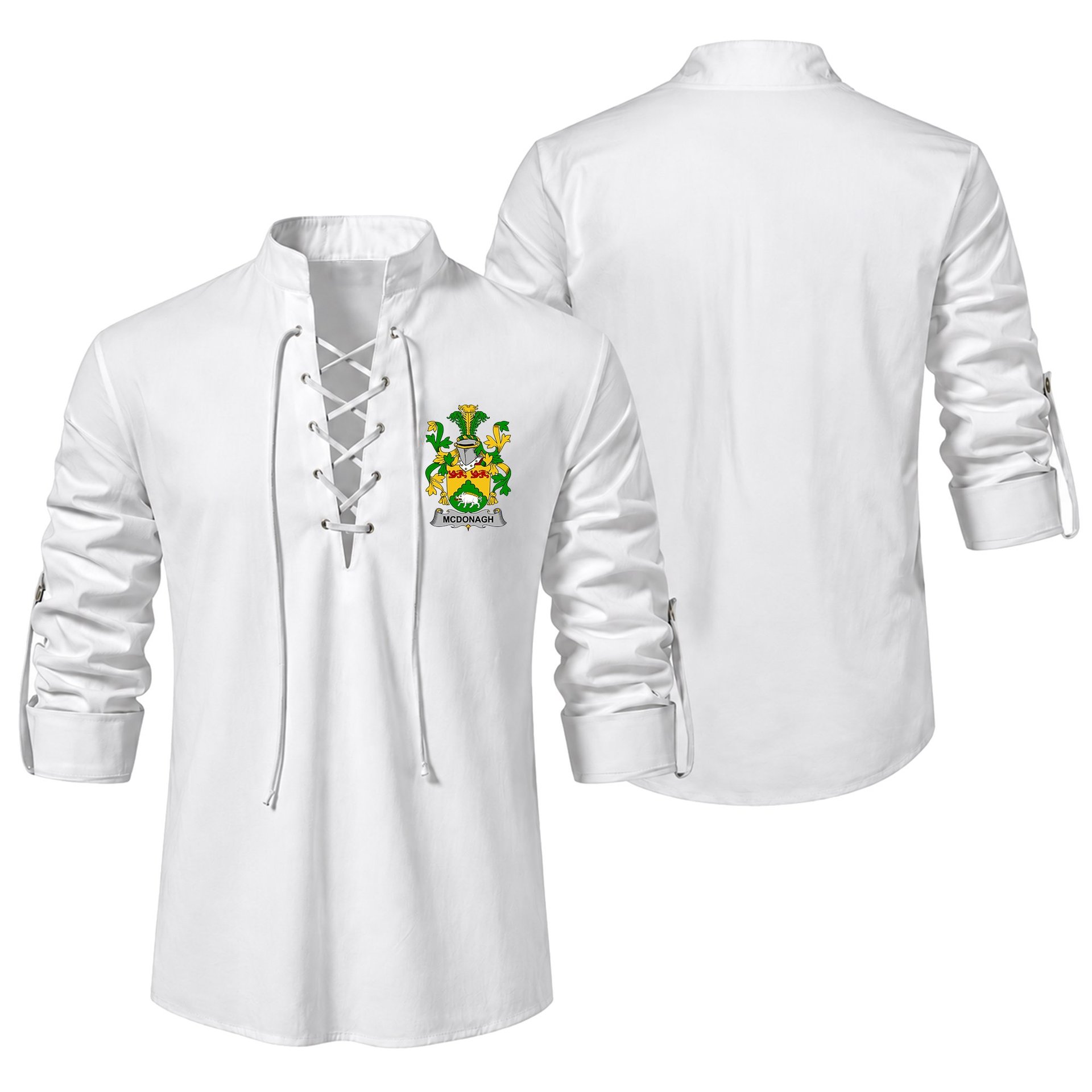 ScotsTee Shop Irish McDonagh or McDonogh Clan Coat of Arms Irish Ghillie Kilt Shirt