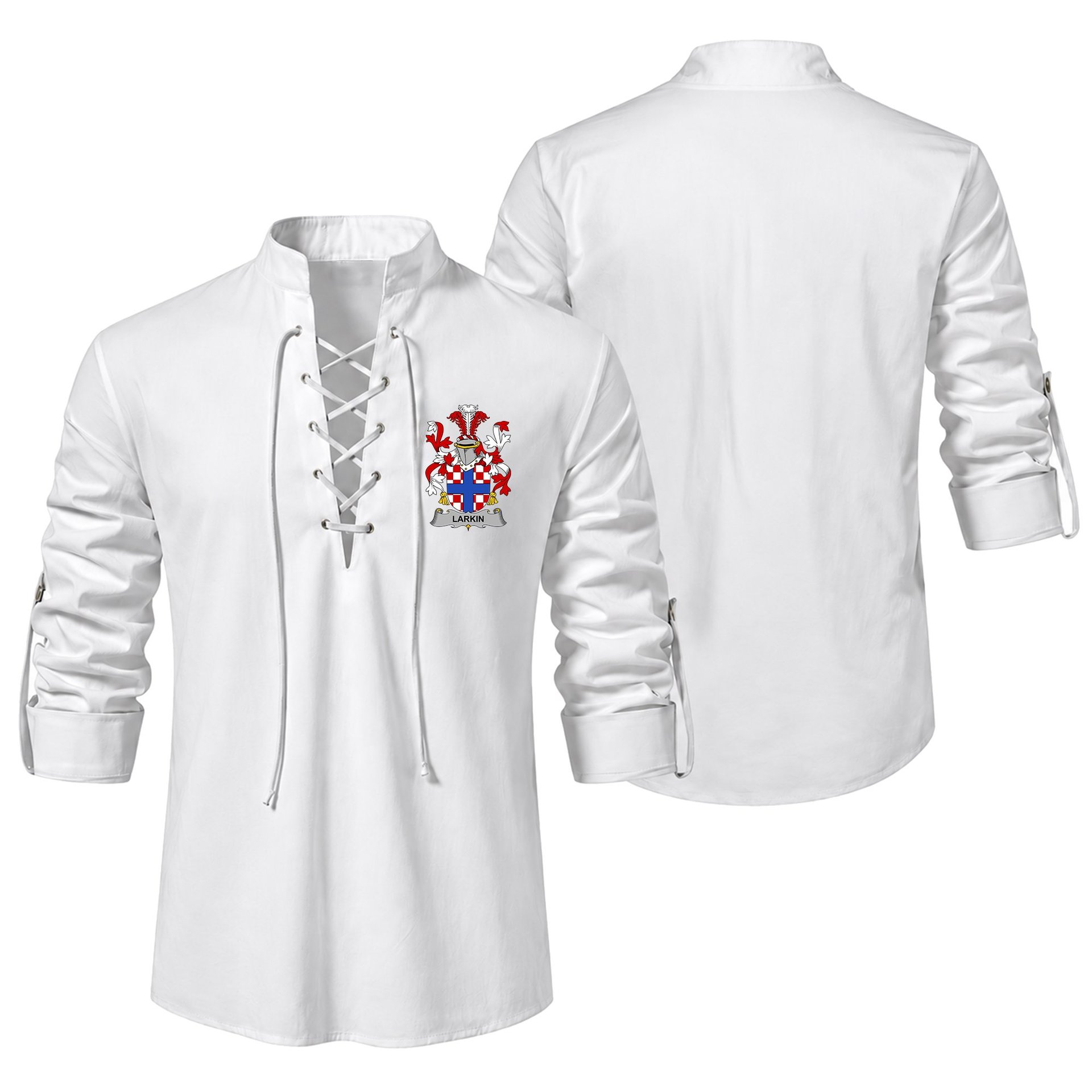 ScotsTee Shop Irish Larkin or O'Larkin Clan Coat of Arms Irish Ghillie Kilt Shirt