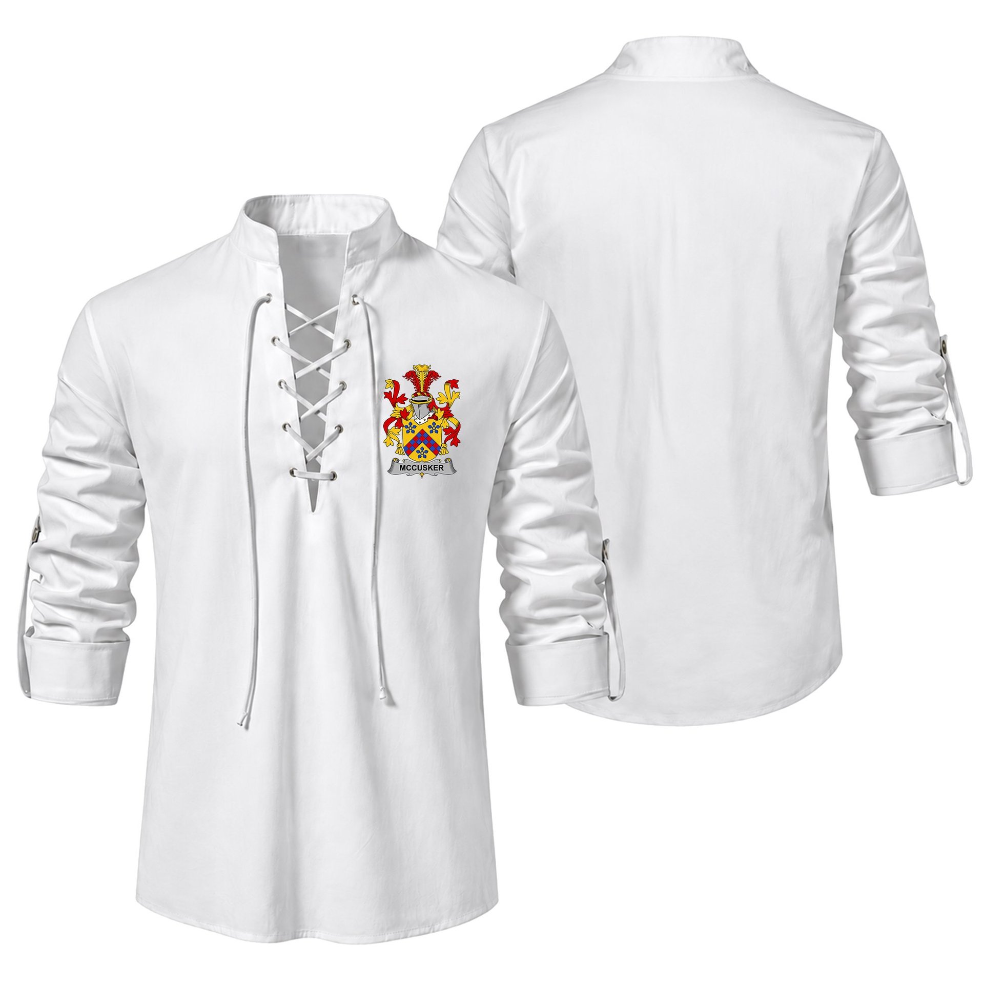 ScotsTee Shop Irish McCusker or Cosker Clan Coat of Arms Irish Ghillie Kilt Shirt