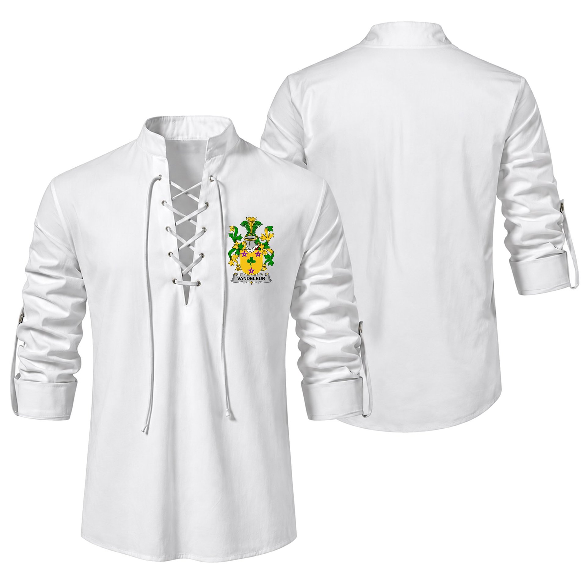 ScotsTee Shop Irish Vandeleur Clan Coat of Arms Irish Ghillie Kilt Shirt