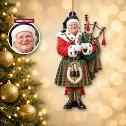 ScotsTee Shop Scottish Baxter Modern Tartan Ornament Christmas Piper with Custom Your Face Photo