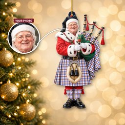 ScotsTee Shop Scottish Boswell Modern Tartan Ornament Christmas Piper with Custom Your Face Photo