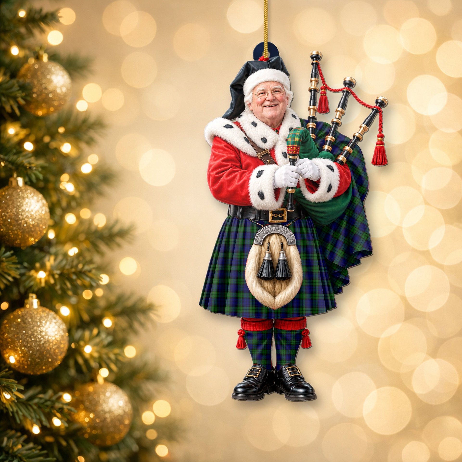 ScotsTee Shop Scottish Campbell Modern Tartan Ornament Christmas Piper with Custom Your Face Photo