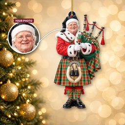 ScotsTee Shop Scottish Buchanan Old Sett Tartan Ornament Christmas Piper with Custom Your Face Photo