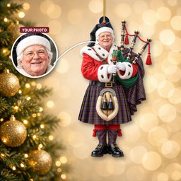 ScotsTee Shop Scottish Aikenhead Tartan Ornament Christmas Piper with Custom Your Face Photo