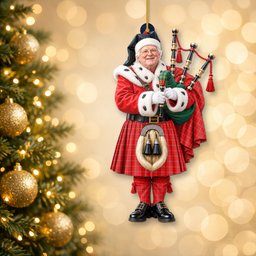 ScotsTee Shop Scottish Burnett Modern Tartan Ornament Christmas Piper with Custom Your Face Photo