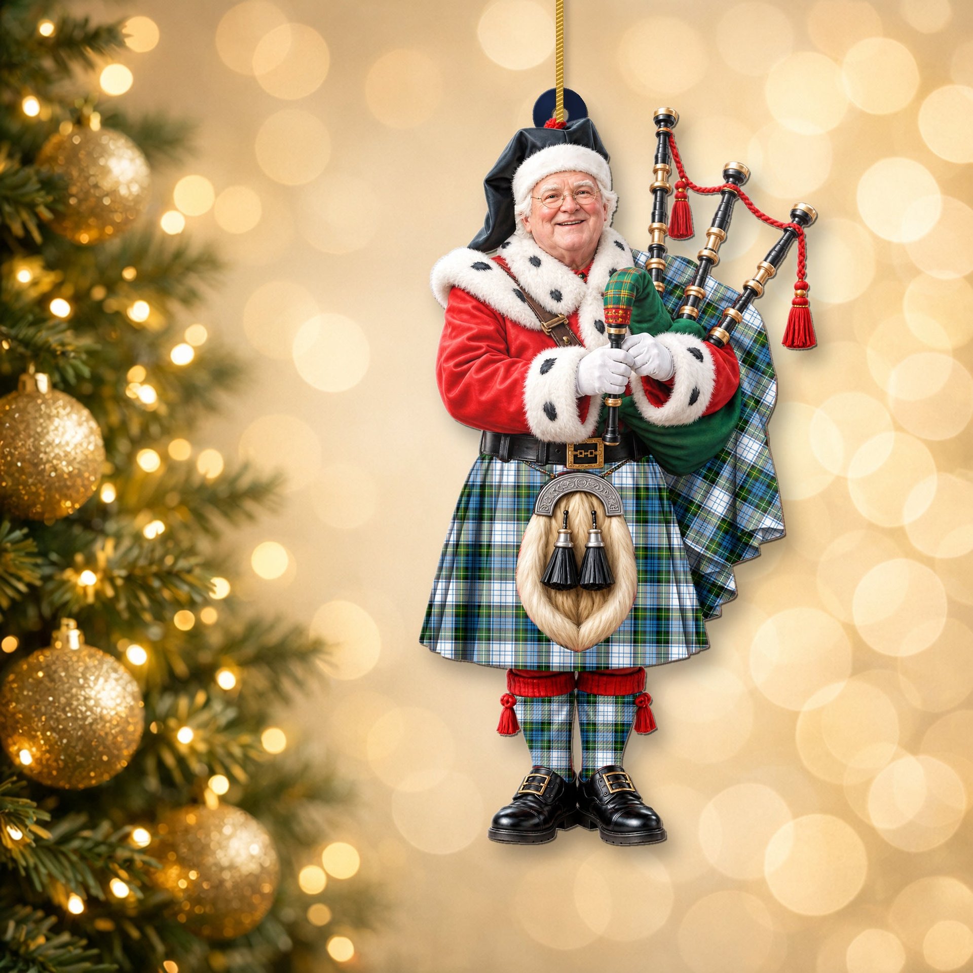 ScotsTee Shop Scottish Campbell Dress Tartan Ornament Christmas Piper with Custom Your Face Photo