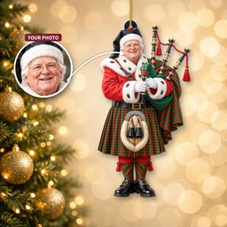 ScotsTee Shop Scottish Blackstock Tartan Ornament Christmas Piper with Custom Your Face Photo