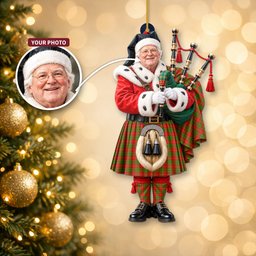 ScotsTee Shop Scottish Burnett Ancient Tartan Ornament Christmas Piper with Custom Your Face Photo