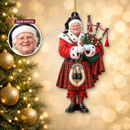 ScotsTee Shop Scottish Brodie Modern Tartan Ornament Christmas Piper with Custom Your Face Photo
