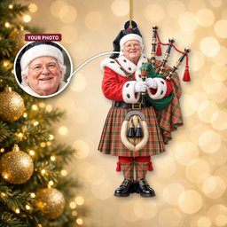 ScotsTee Shop Scottish Buchanan Old Set Weathered Tartan Ornament Christmas Piper with Custom Your Face Photo