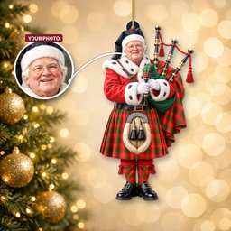 ScotsTee Shop Scottish Cameron Modern Tartan Ornament Christmas Piper with Custom Your Face Photo