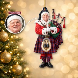 ScotsTee Shop Scottish Brown Modern Tartan Ornament Christmas Piper with Custom Your Face Photo