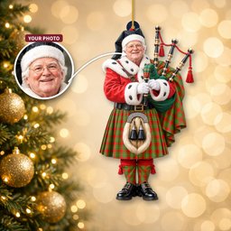 ScotsTee Shop Scottish Callander Modern Tartan Ornament Christmas Piper with Custom Your Face Photo