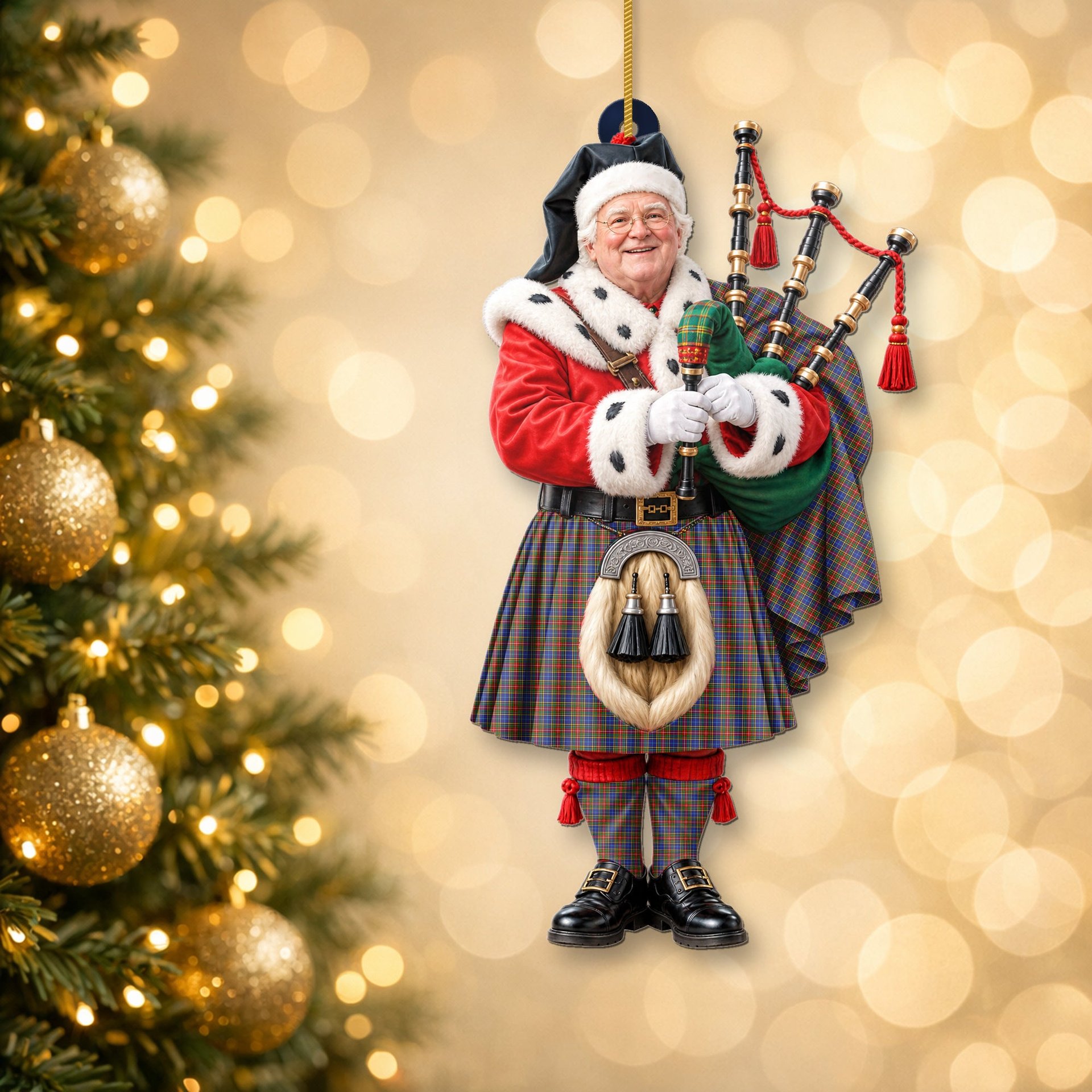 ScotsTee Shop Scottish Bethune Tartan Ornament Christmas Piper with Custom Your Face Photo