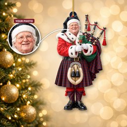 ScotsTee Shop Scottish Broun Tartan Ornament Christmas Piper with Custom Your Face Photo