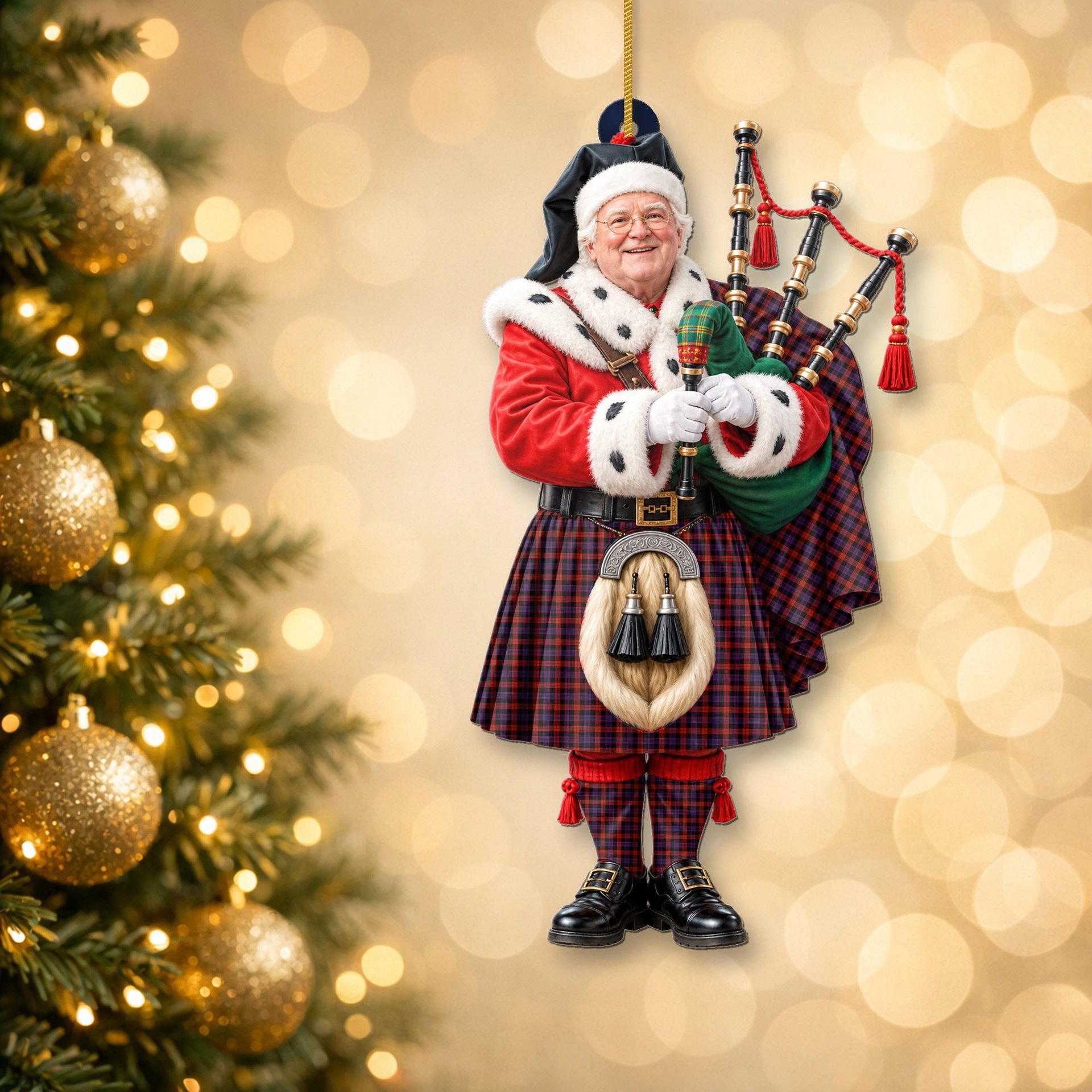 ScotsTee Shop Scottish Broun Tartan Ornament Christmas Piper with Custom Your Face Photo