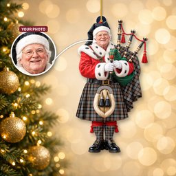 ScotsTee Shop Scottish Gunn Weathered Tartan Ornament Christmas Piper with Custom Your Face Photo