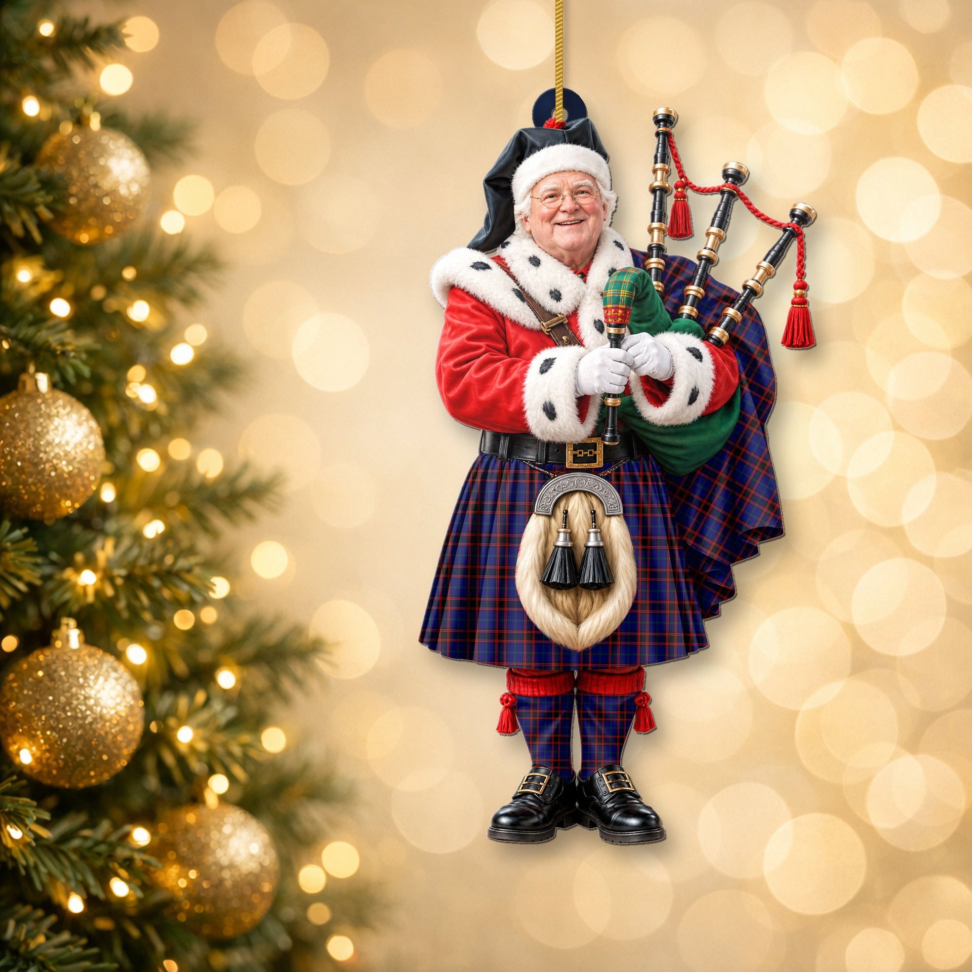 ScotsTee Shop Scottish Home Modern Tartan Ornament Christmas Piper with Custom Your Face Photo