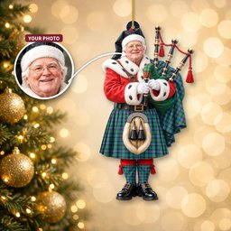 ScotsTee Shop Scottish Hunter Ancient Tartan Ornament Christmas Piper with Custom Your Face Photo