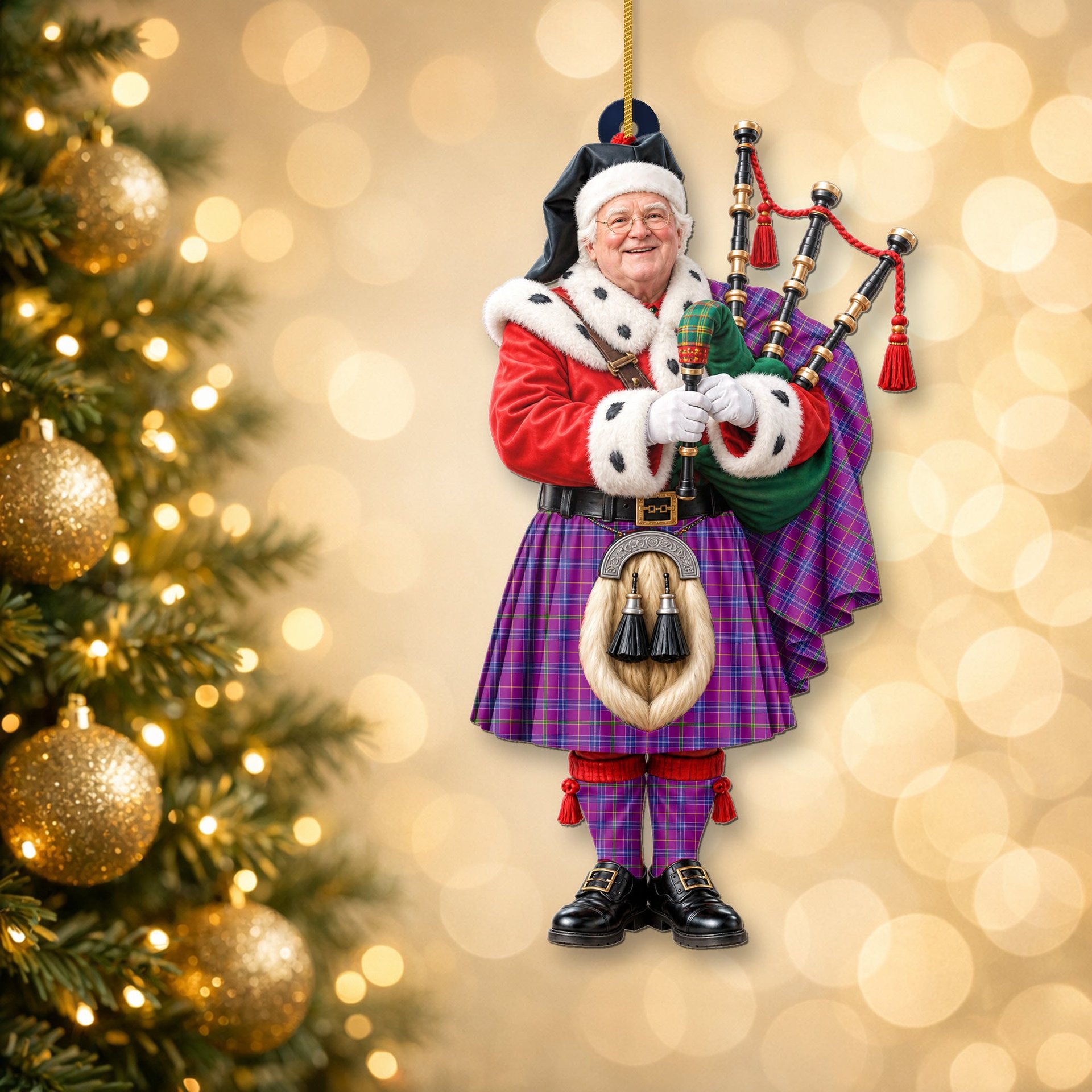 ScotsTee Shop Scottish Jackson Tartan Ornament Christmas Piper with Custom Your Face Photo