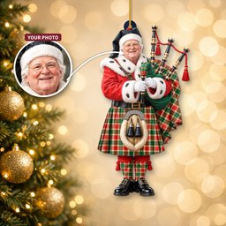 ScotsTee Shop Scottish Gibbs Tartan Ornament Christmas Piper with Custom Your Face Photo