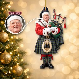 ScotsTee Shop Scottish Colquhoun Tartan Ornament Christmas Piper with Custom Your Face Photo