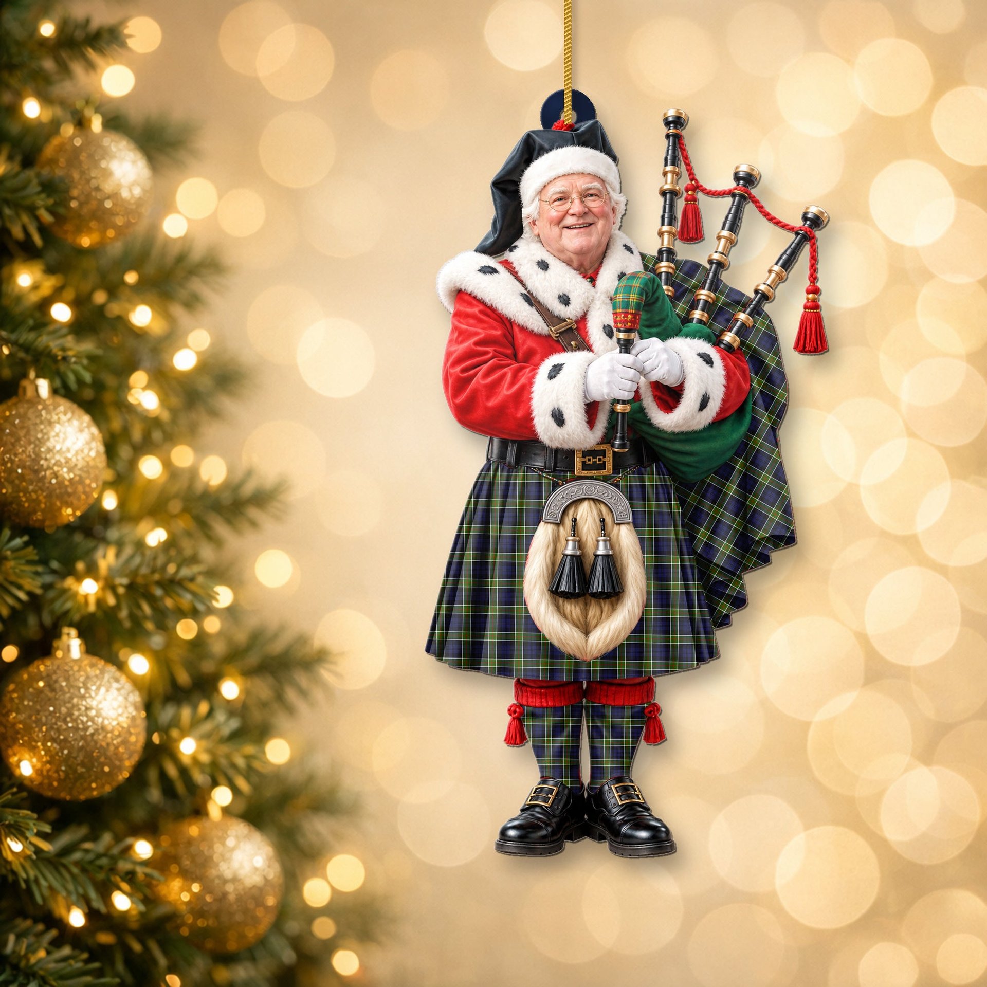 ScotsTee Shop Scottish Colquhoun Tartan Ornament Christmas Piper with Custom Your Face Photo