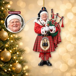 ScotsTee Shop Scottish Grant Weathered Tartan Ornament Christmas Piper with Custom Your Face Photo