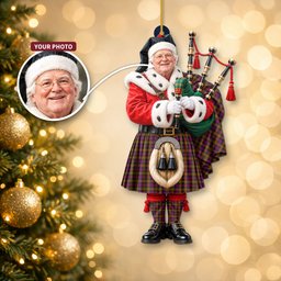 ScotsTee Shop Scottish Carnegie Modern Tartan Ornament Christmas Piper with Custom Your Face Photo