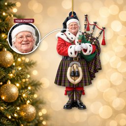 ScotsTee Shop Scottish Cochrane Modern Tartan Ornament Christmas Piper with Custom Your Face Photo