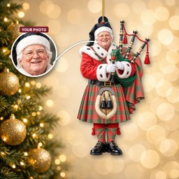 ScotsTee Shop Scottish Grant Ancient Tartan Ornament Christmas Piper with Custom Your Face Photo