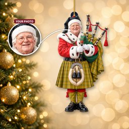 ScotsTee Shop Scottish Houston Tartan Ornament Christmas Piper with Custom Your Face Photo