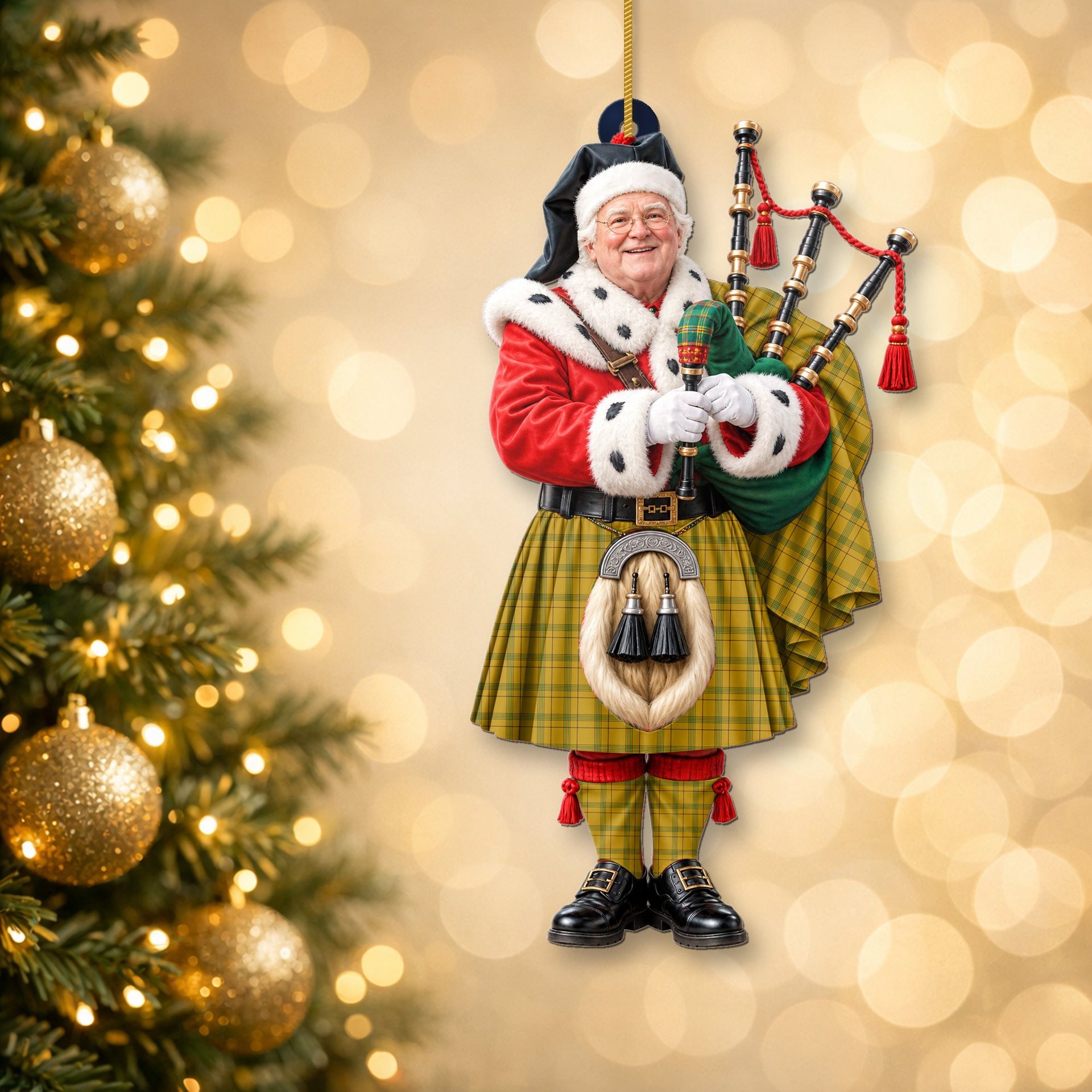 ScotsTee Shop Scottish Houston Tartan Ornament Christmas Piper with Custom Your Face Photo