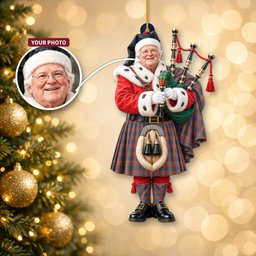 ScotsTee Shop Scottish Fraser Hunting Modern Tartan Ornament Christmas Piper with Custom Your Face Photo
