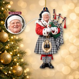 ScotsTee Shop Scottish Douglas Grey Modern Tartan Ornament Christmas Piper with Custom Your Face Photo