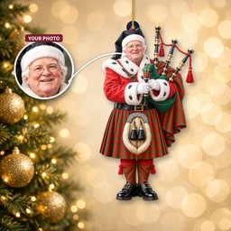 ScotsTee Shop Scottish Dewar Tartan Ornament Christmas Piper with Custom Your Face Photo