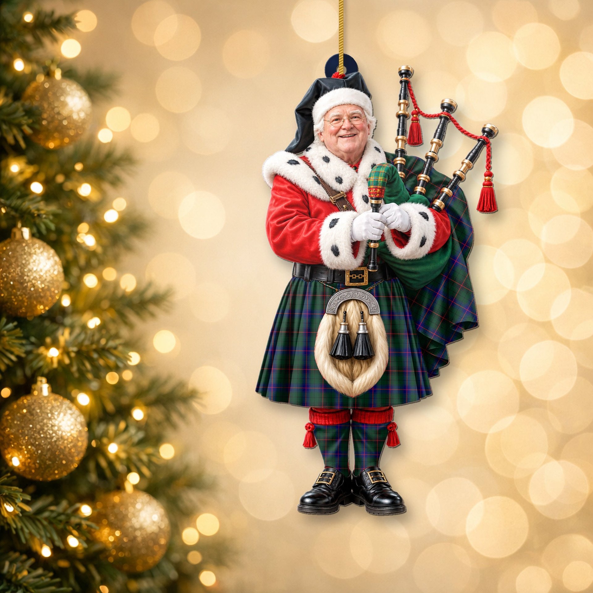 ScotsTee Shop Scottish Davidson Modern Tartan Ornament Christmas Piper with Custom Your Face Photo