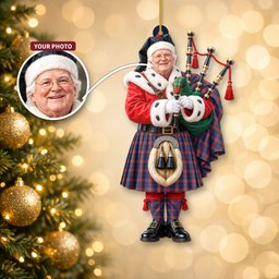ScotsTee Shop Scottish Chisholm Hunting Modern Tartan Ornament Christmas Piper with Custom Your Face Photo