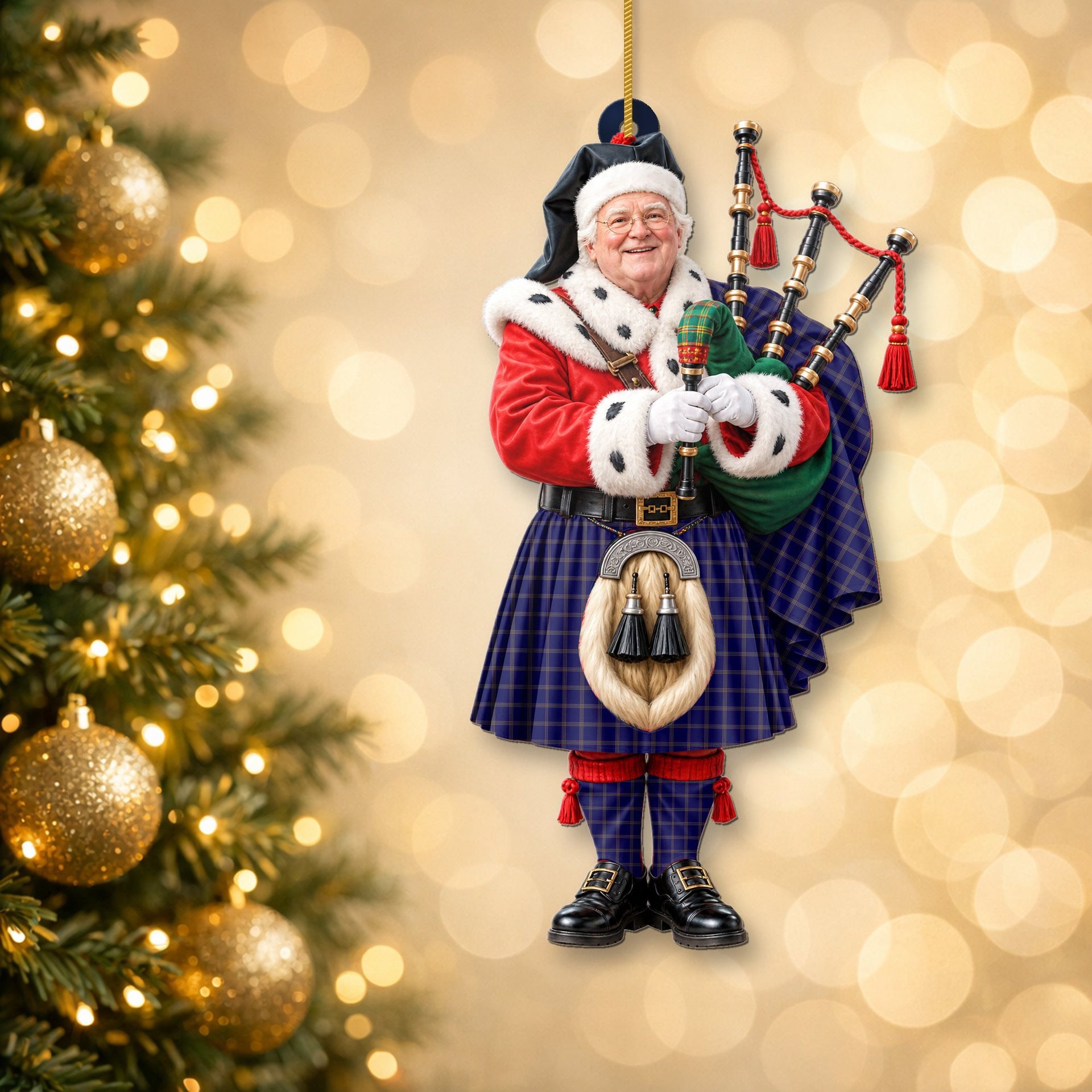 ScotsTee Shop Scottish Crichton Tartan Ornament Christmas Piper with Custom Your Face Photo