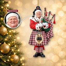 ScotsTee Shop Scottish Glasgow District Tartan Ornament Christmas Piper with Custom Your Face Photo