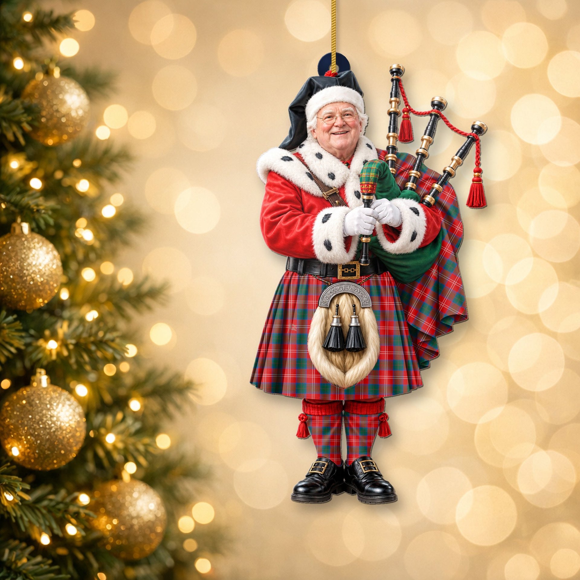 ScotsTee Shop Scottish Chisholm Ancient Tartan Ornament Christmas Piper with Custom Your Face Photo