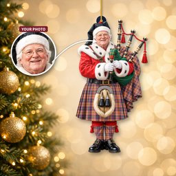 ScotsTee Shop Scottish Jacobite Tartan Ornament Christmas Piper with Custom Your Face Photo