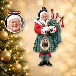 ScotsTee Shop Scottish Haliburton Tartan Ornament Christmas Piper with Custom Your Face Photo
