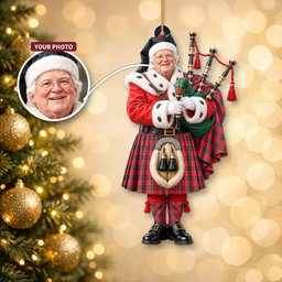 ScotsTee Shop Scottish Drummond Modern Tartan Ornament Christmas Piper with Custom Your Face Photo